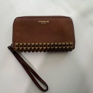 COACH Brown Leather Studded Wristlet Wallet